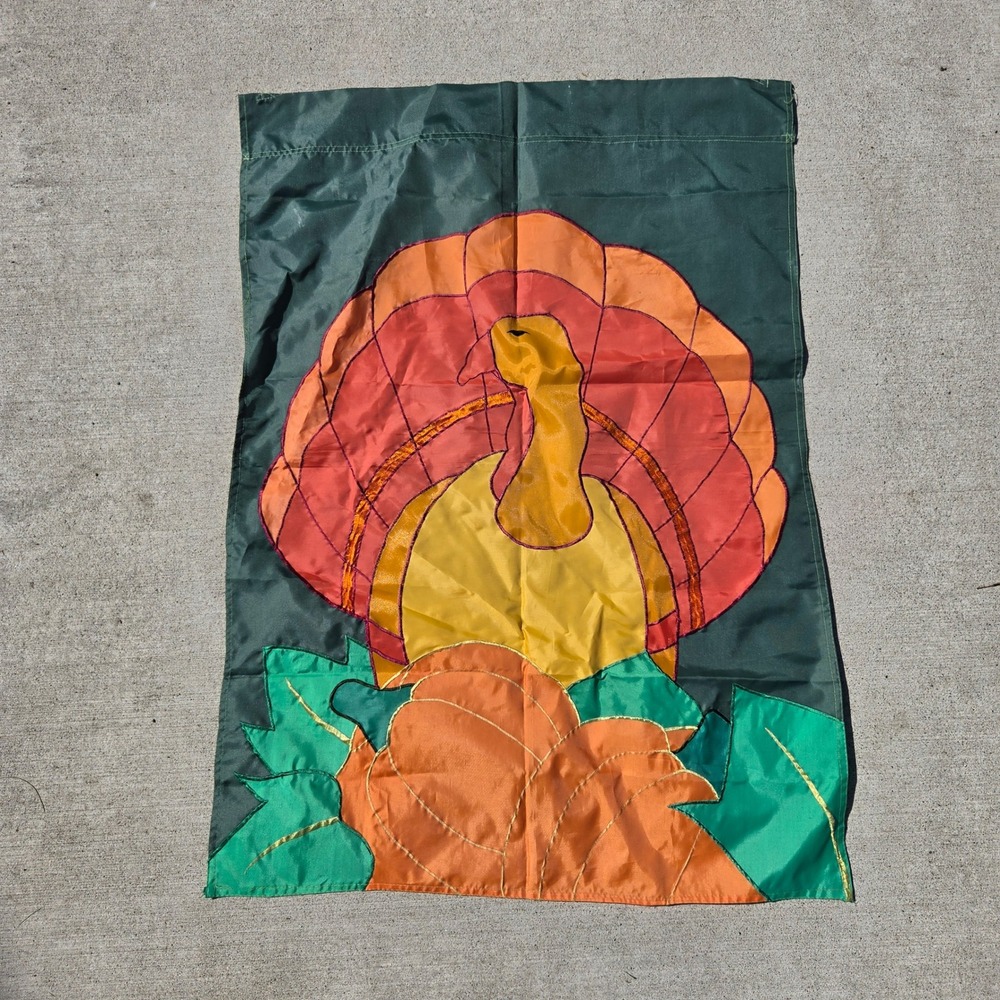 Vintage Thanksgiving Turkey Applique Garden Flag Fall Harvest Decor Green